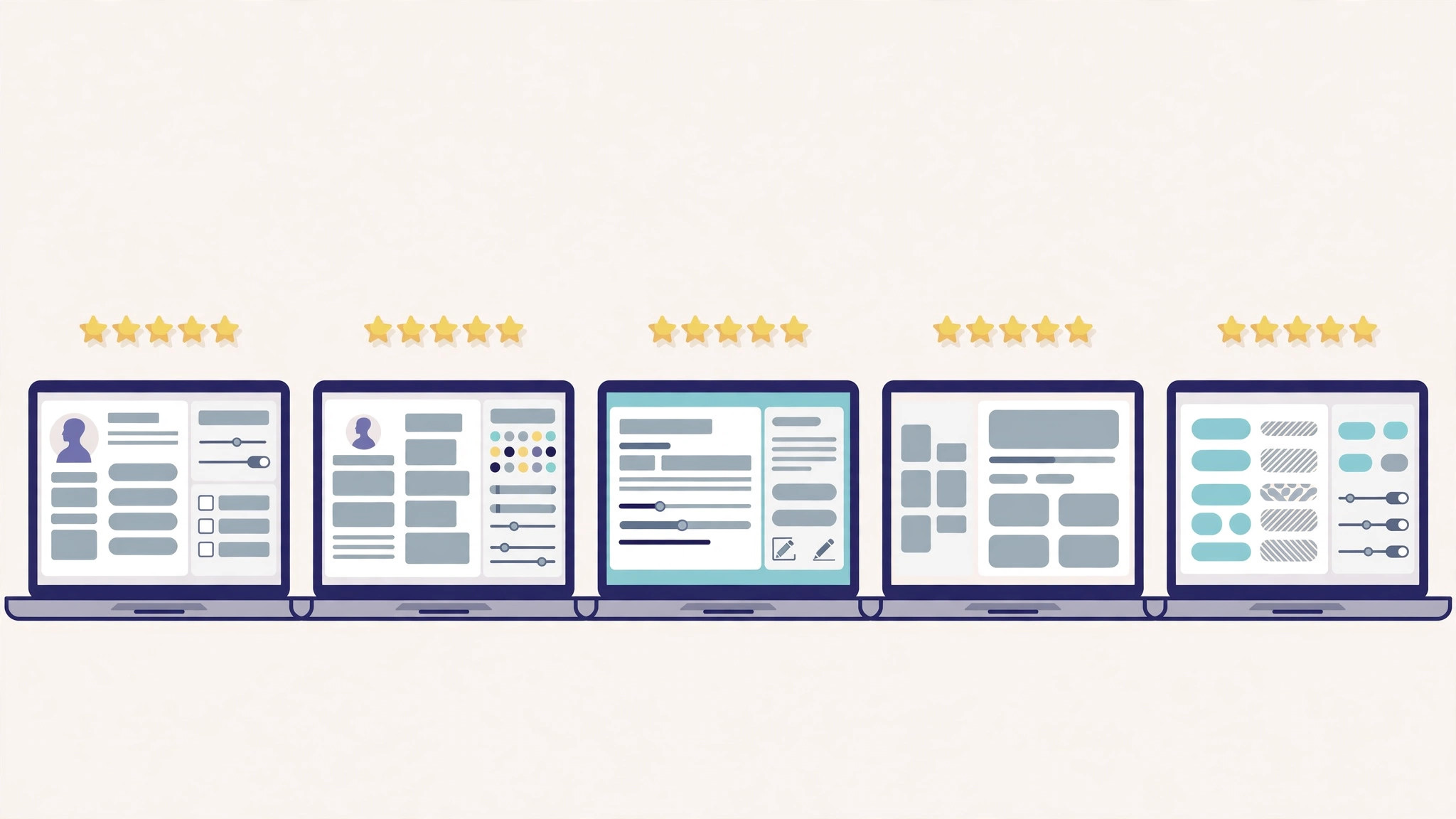 Five laptop screens showing different resume builder interfaces with star ratings