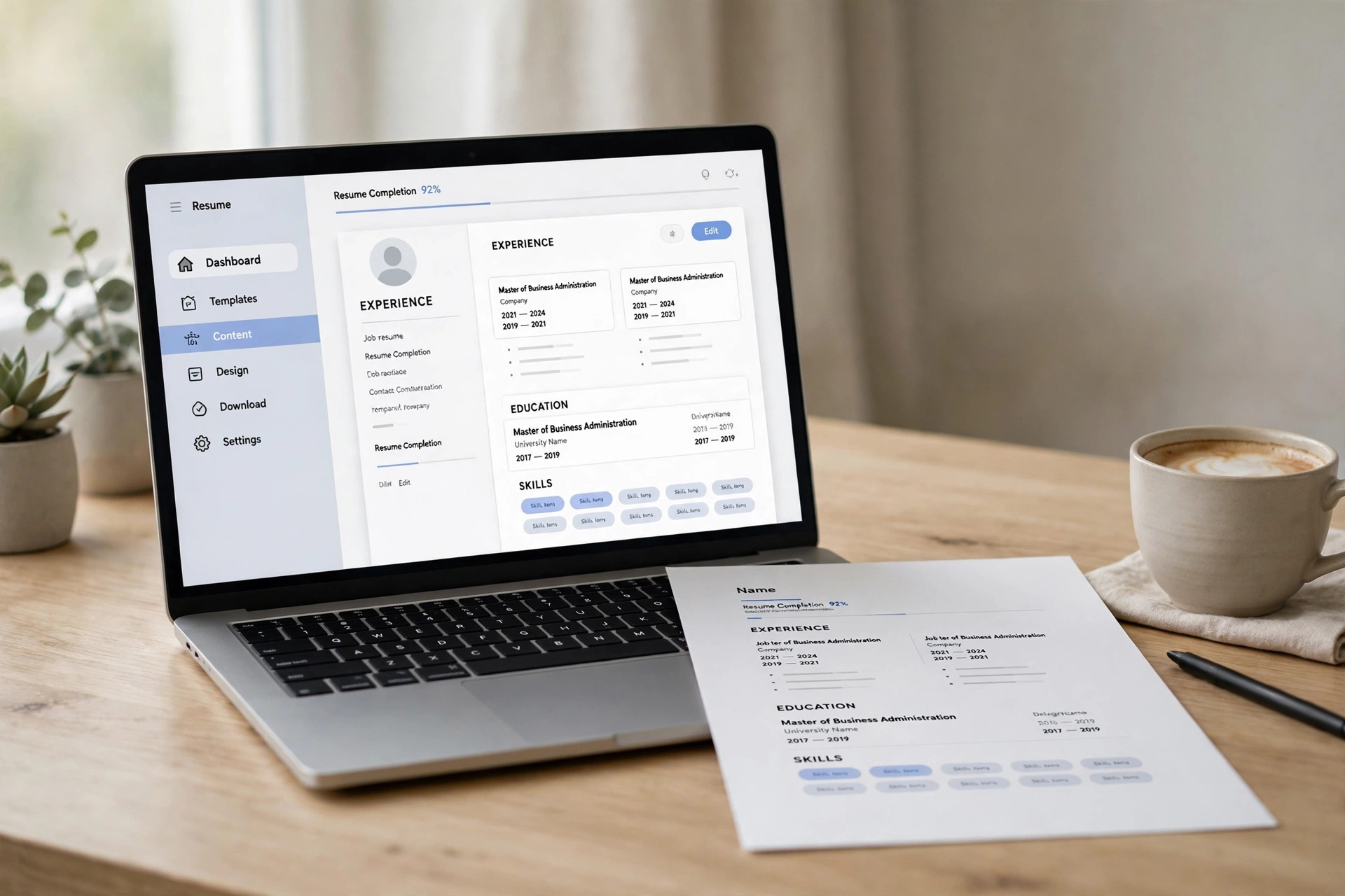A laptop showing a resume builder web app with a professional resume on screen