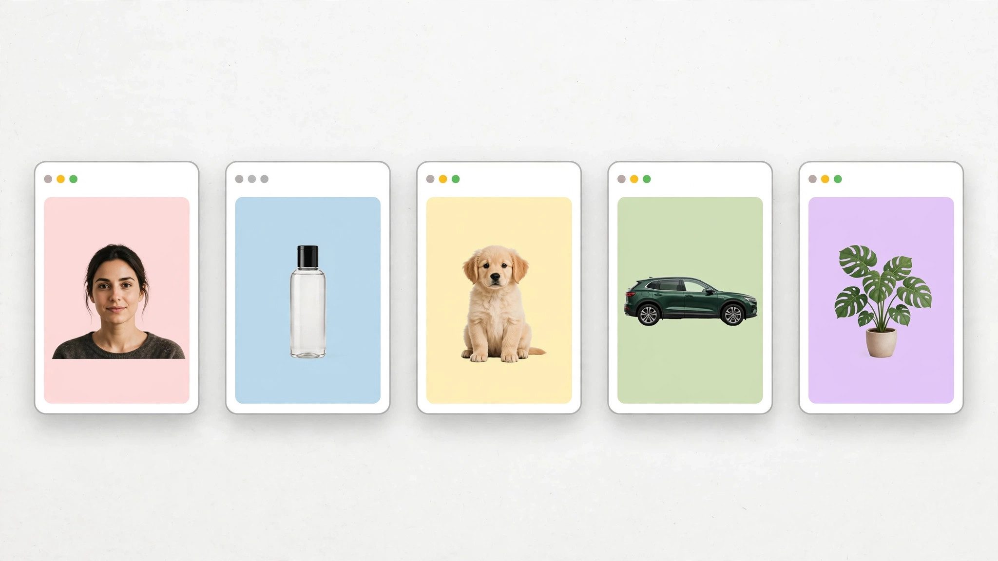 Five browser mockups showing different background-removed photos: portrait, product bottle, dog, car, and plant