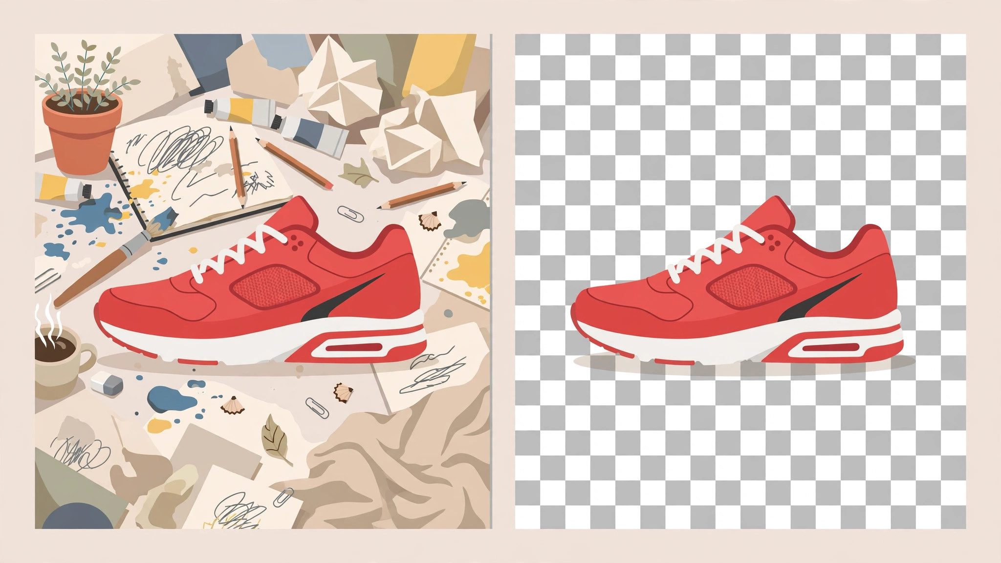 Before and after: a sneaker on a cluttered desk background versus cleanly cut out on transparency