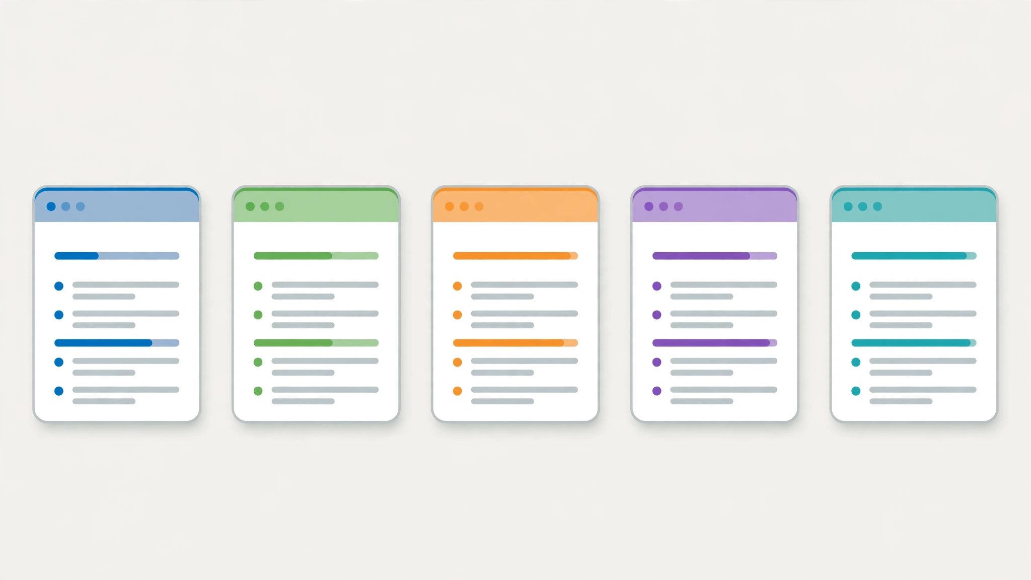 Five browser windows showing different PDF summarizer interfaces with progress bars and bullet lists