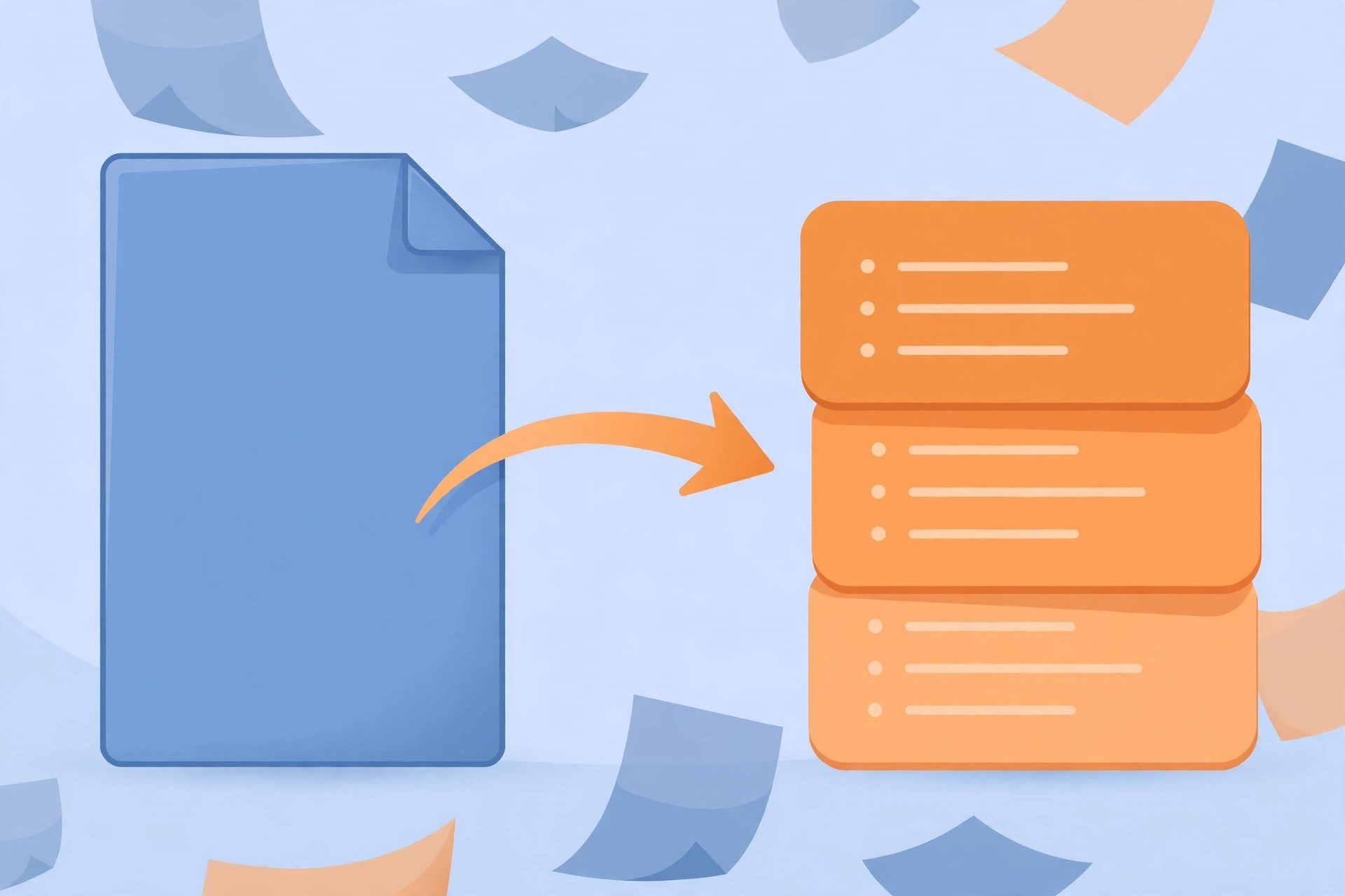 A PDF document flowing into concise bullet-point summary cards