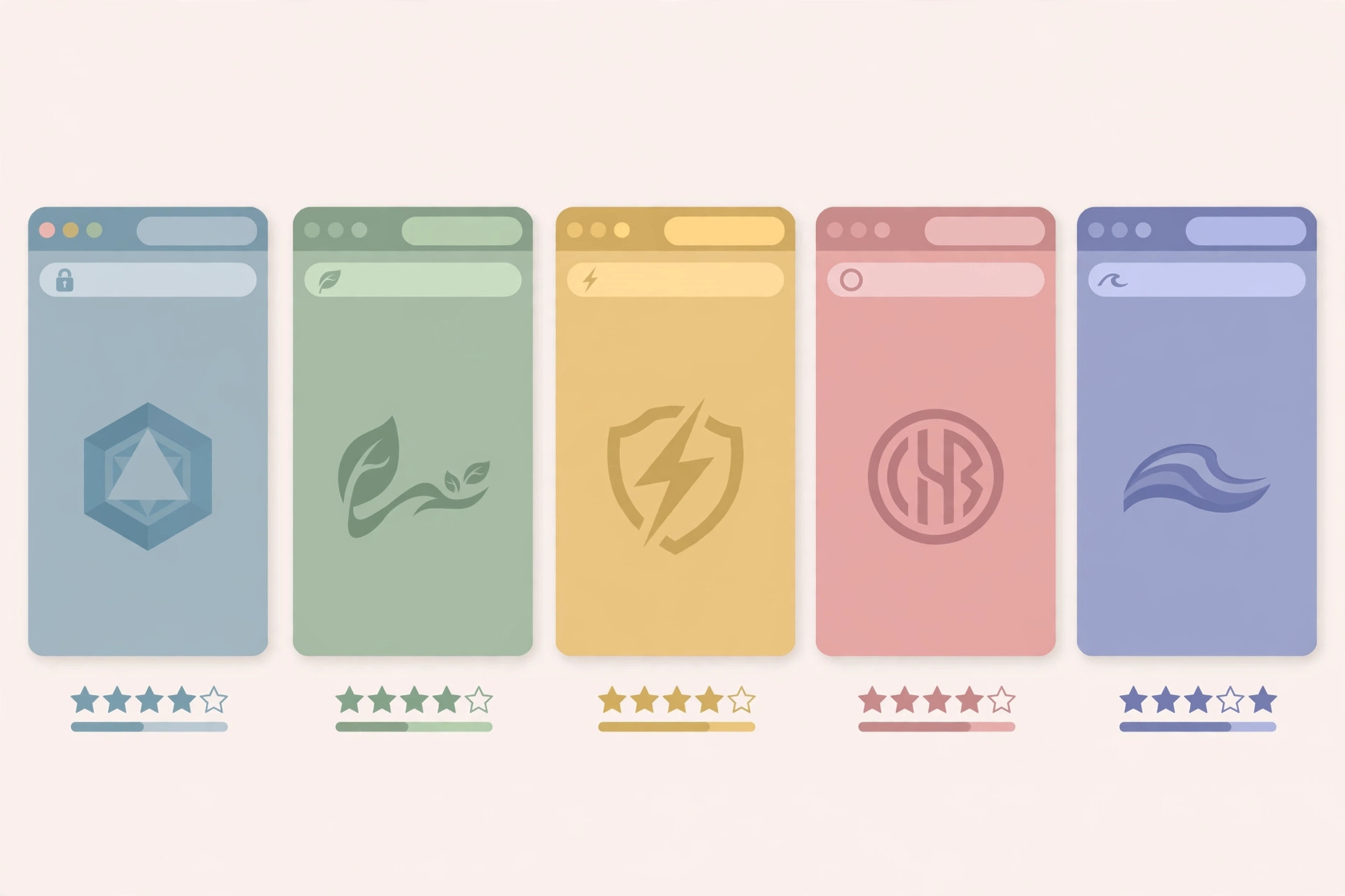 Five browser windows showing different logo maker interfaces with star ratings