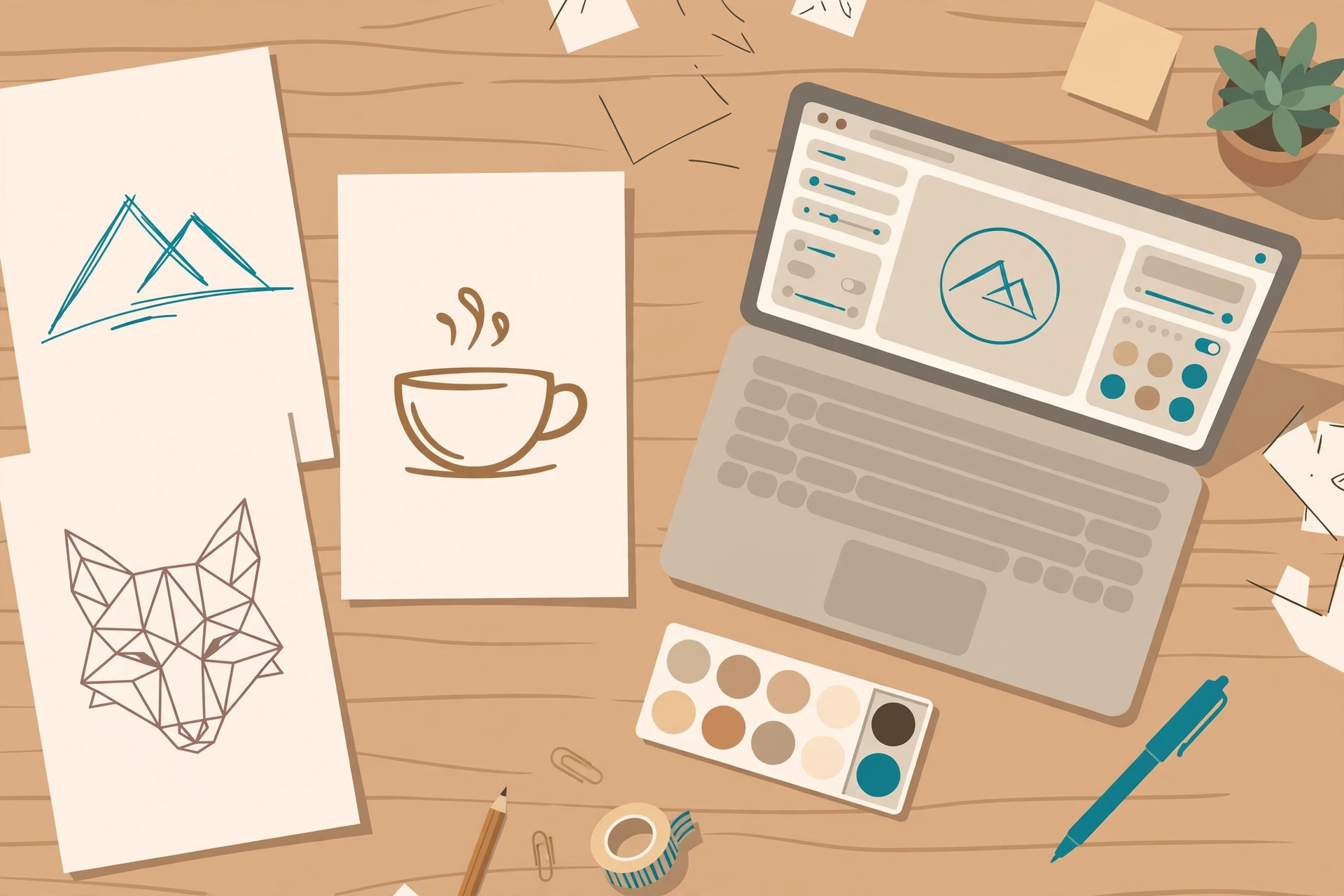 A designer's desk with logo concept sketches and a laptop showing a logo design tool