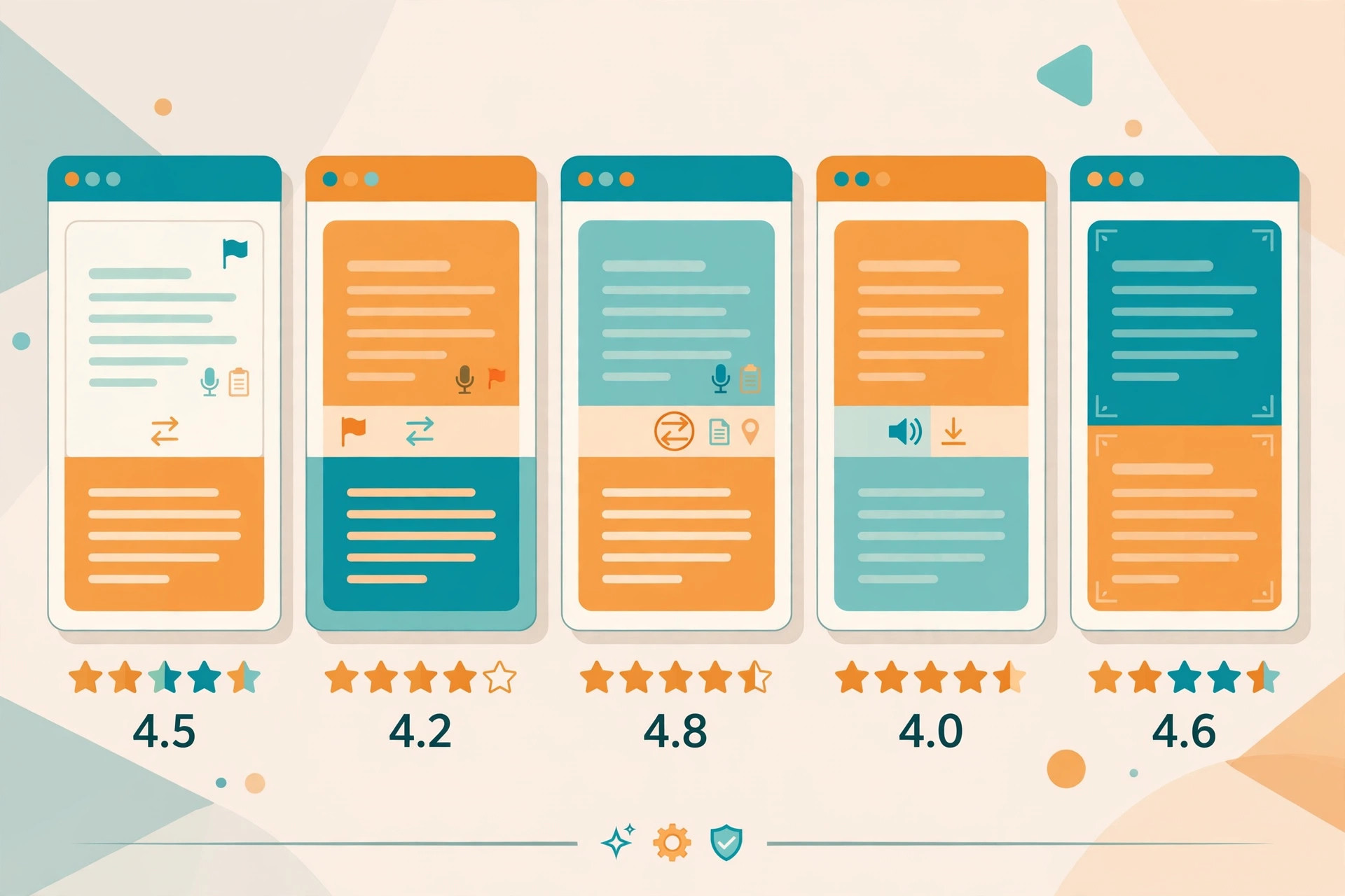 Five browser windows showing different AI translation tool interfaces with star ratings