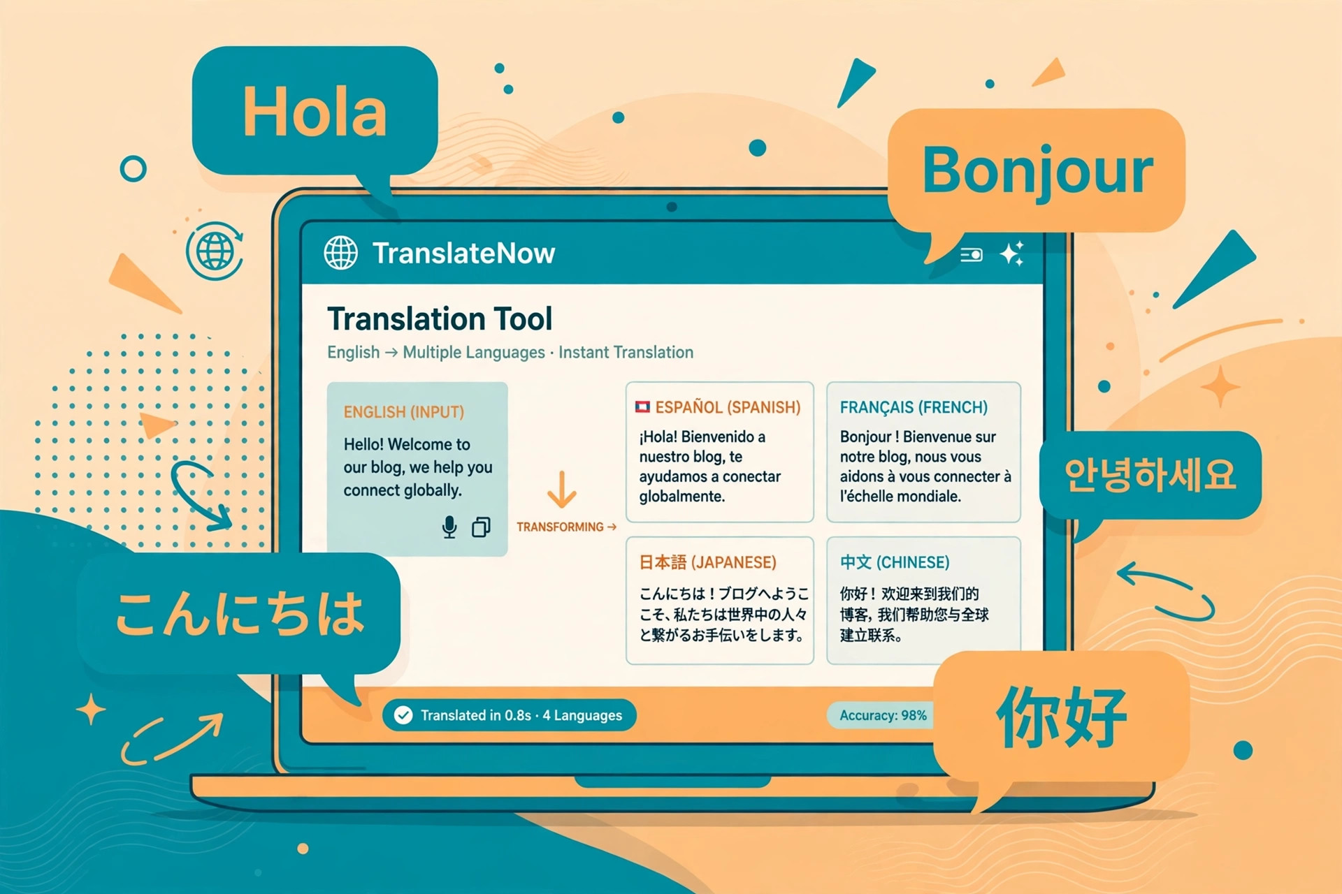 A laptop showing a translation tool converting English text into multiple languages